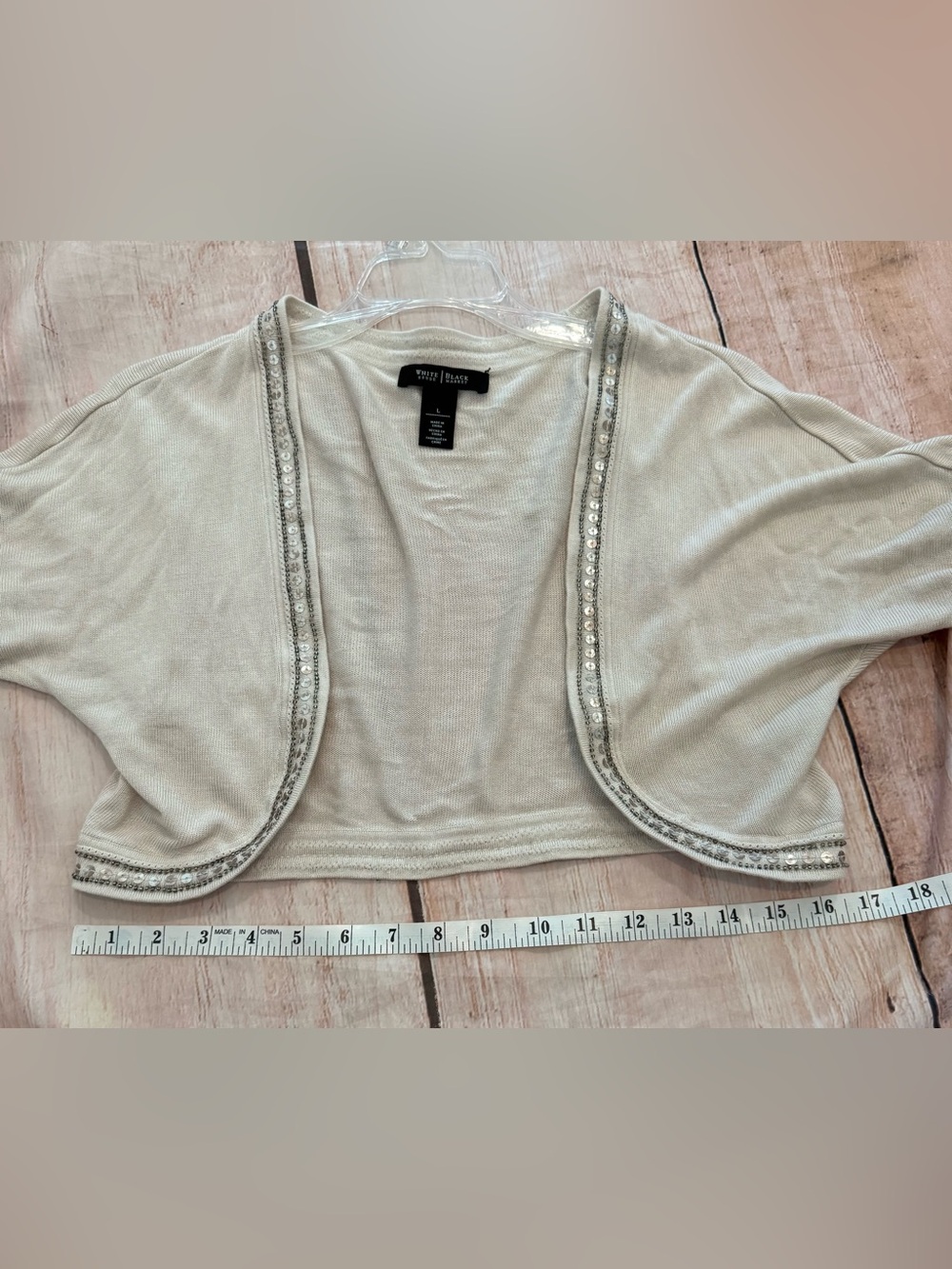 White House Black Market Beige Cropped Shrug Beaded Sequence Size Large - Picture 7 of 8